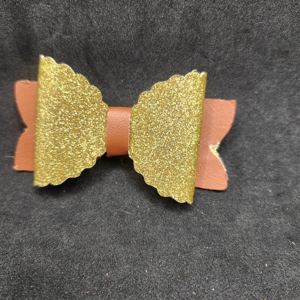 Hand Crafted Gold and Brown Glitter Bow Faux Leather Barrette Clip
